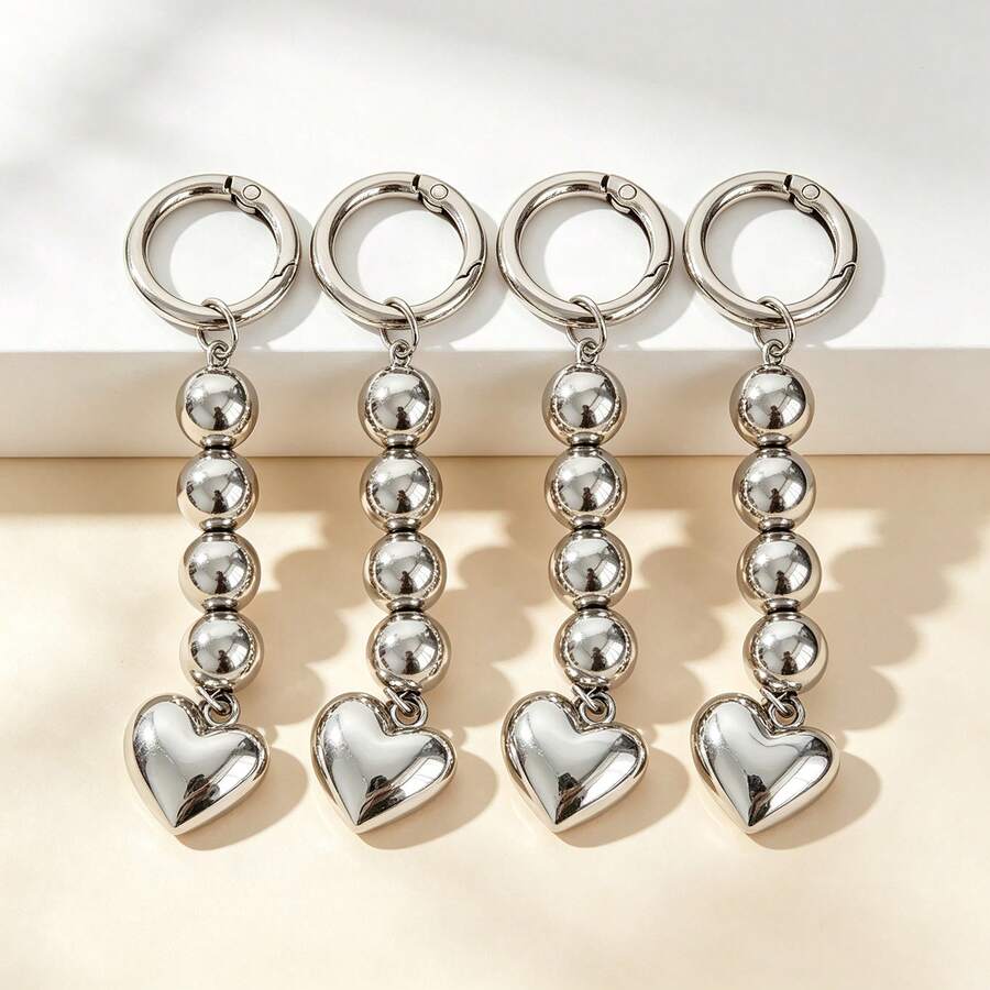 1 Set 4pcs Women's Ins Style Design Beaded Keychain Cool Personalized Star Pendant Phone Bag Fashion Charm - Silver - View 1