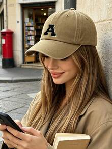 1pc Unisex Vintage Washed Baseball Cap A-Z Letter Print Pattern, Multiple Vintage Colors Available, Soft Texture Adjustable Dad Hat - Khaki - View 4