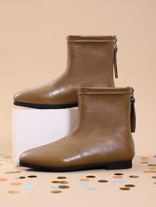 Girls' Vintage Soft Glossy Ankle Boots With Back Zipper Design, Suitable For Parties, Outings And Autumn Outfits - Camel - View 6