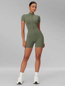 MFVIM Women's Slimming Jumpsuit, Half-Zip Stand Collar Fitted Design, Comfortable Casual Sports Running Outfit, Spring/Summer/Autumn - Mint Green - View 9