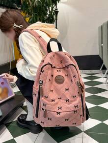 Women Sweet Bow Print Corduroy Backpack, Pink Quilted Diamond Pattern Large Daypack Multi‑Zipper Pockets Casual Rucksack For Teen Girls School - Multicolor - View 8