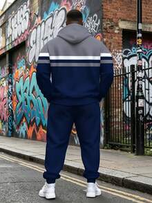 Plus Size Men's Colorblock Hoodie Sweatshirt Set, Bird Print Grey & Blue Contrast 2 Pieces Loose Casual Sportswear - Multicolor - View 2