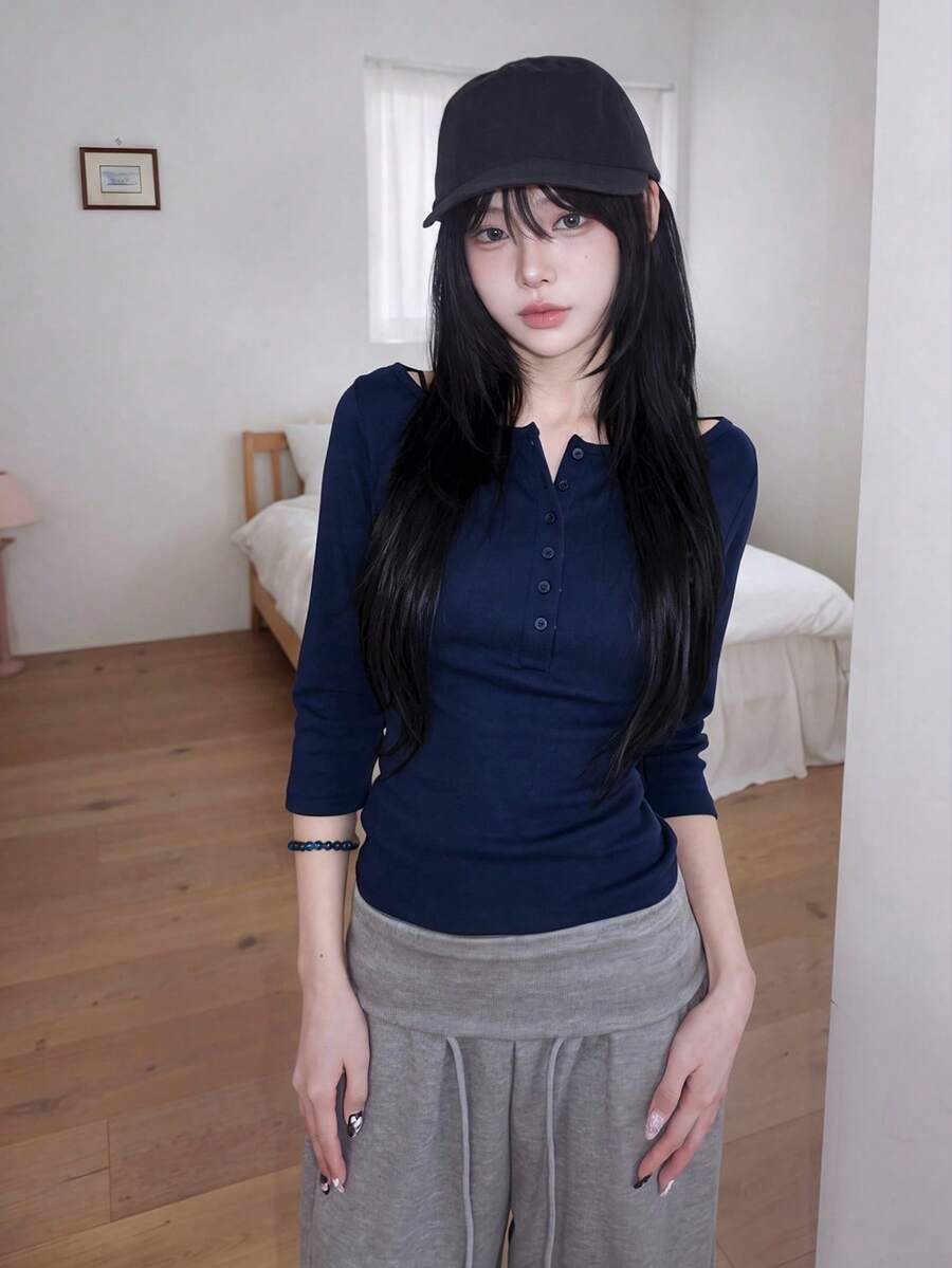 女款韓式時尚鈕扣長袖亨利領休閒T恤 - 藏蓝色 - 查看 1