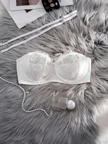 1pc Women's Lace Patchwork Underwire Thin Cup Side Closure Comfortable Bra - White - View 4