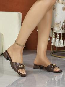 Women's High Heel Sandals, Women's Low Chunky Heel Solid Color Slippers, Small Square Toe Printed Beach Casual Slippers, Commuter Sandals - Chocolate Brown - View 8