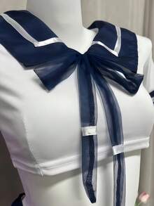 3pcs Blue Striped College Theme Party Costume Set, Blue Striped Shawl, Crop Top, Pleated Mini Skirt, Suitable For Halloween Carnival Theme Party - Blue and White - View 3