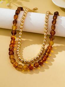 OABE 2pcs/Set Bohemian Style Spherical Round Gold And Brown Handmade Beaded Necklace Layering Design Suitable For Women Daily Wear, Holiday/Anniversary Surprise Gift - Multicolor - View 7