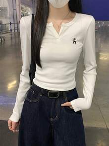 秋冬韓系半開領修身簡約刺繡百搭長袖女款打底上衣 - 白色 - 查看 2