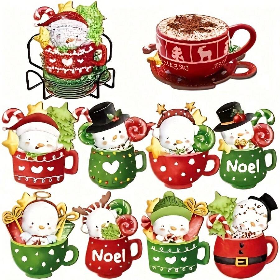 5D DIY Diamond Painting Coaster Set, Sewing Supplies, Christmas Non-Slip Coaster, Cartoon Christmas Mug Snowman Design Wooden Cup Coaster, Suitable For Home Kitchen Dining Table Party, Winter Holiday, Protect Tabletop Decor, Christmas Decoration Gift - Rhinestone Coaster/180 - View 1