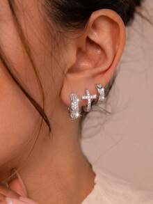 6pcs/1set, Luxury Alloy Zirconia Stud Earrings Set, Multiple Styles Of Full Rhinestone Shiny Hoop Earrings, Various Geometric Cross Design, Women's Fashion Earrings, Suitable For Daily Commute, Party, Gathering, Gift, Versatile Accessory - Multicolor - View 2