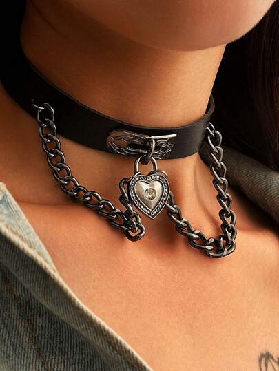 New Fashion Punk Heart Pendant Choker Necklace Chain Gothic Leather Necklace Choker Neck Chain Women Girls Jewelry