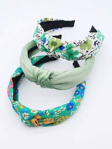 3pcs/Set Women's Green Floral Solid Color Fabric Wide Band Knotted Headband, Elegant & Sweet, Suitable For Daily Wear - Green - View 5