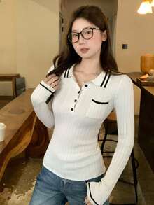 Atasan Dalaman Rajut Putih Kerah Polo Wanita, Pakaian Musim Gugur/Musim Dingin/Awal Musim Semi yang Lucu - Putih susu - View 1