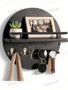 Wall Decor Key Holder With Shelf And Hooks, Mail Organizer Wall Mounted, Round Design Entryway Key Rack, Rustic Home Decor - 1 Pack - View 6