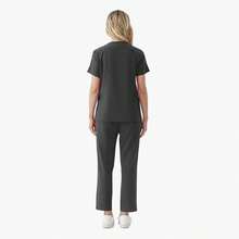 Conjunto 2 Piezas Uniforme Médico para Dama, Top Escote en V Manga Corta con Pantalón Cintura Elástica y Cordón, Ropa de Trabajo Stretch Transpirable para Enfermería, Clínica Dental - Negro - Ver 5