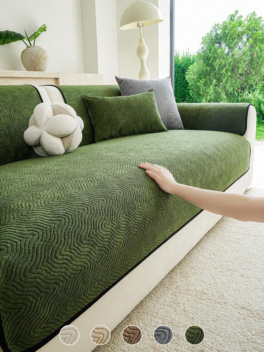 1PC Chenille Solid Color Wave Jacquard Sofa Cushion Seat Pad, All-Season Non-Slip, Pet Scratch-Resistant, Durable & Dustproof, Easy To Maintain, Machine Washable, Sofa Decorative & Protective Cover. - Green - View 1