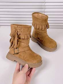 Vintage Girls' Boots, New Autumn/Winter Children's Ankle Boots With Buckle Strap, Round Toe, Flat Sole, Fashionable Non-Slip Riding Boots For Kids, Students And Toddlers - Brown - View 1