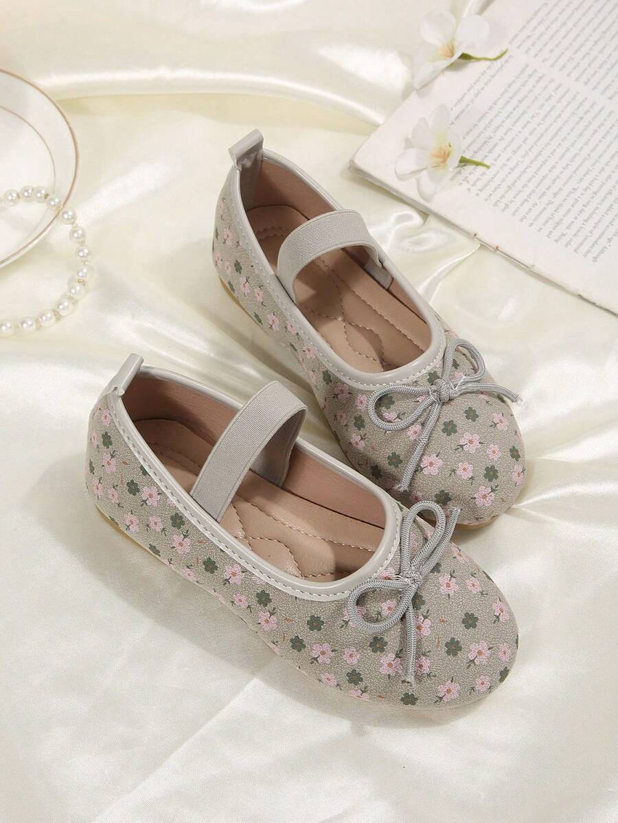 1 Pair Girls Grey Mary Jane Korean Style Ballet Polka Dot Bow Shallow Slip-On Soft Sole Driving Loafers - Grey - View 1