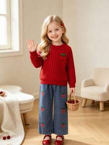 2pcs/Set Setelan Anak Perempuan Gaya Manis: Pullover Rajut Lengan Panjang Bergaris Motif Ceri + Celana Jeans Bordir Ceri, Setelan Kasual untuk Jalan-jalan Musim Gugur dan Musim Dingin - Merah - View 3