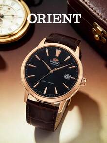 Orient Men's Rose Gold Round Automatic Mechanical Watch, Pure Black Radial Dial, Crocodile Pattern Dark Brown Leather Strap, Low-Key Business Style - Black - View 1