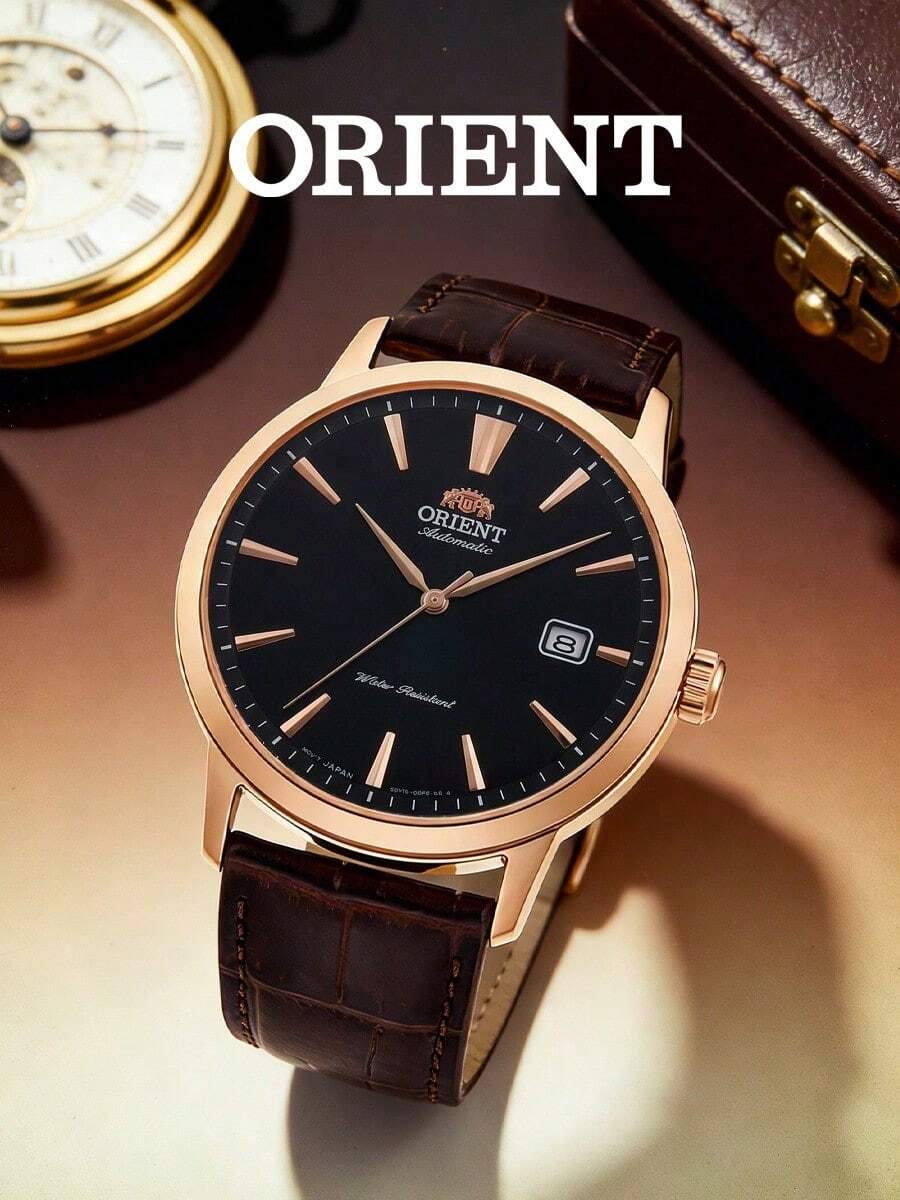 Orient Men's Rose Gold Round Automatic Mechanical Watch, Pure Black Radial Dial, Crocodile Pattern Dark Brown Leather Strap, Low-Key Business Style - Black - View 1