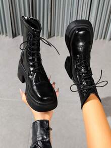 Fashion Round Toe Thick Sole Lace-Up Women's Ankle Boots, Autumn/Winter New Versatile Black Boots - Black - View 3