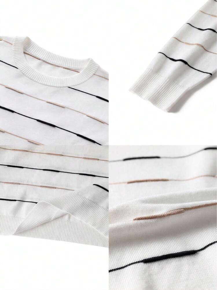 Sweater Rajut Leher Bulat Bergaris Halus Warna Kontras untuk Pria, Gaya Tekstur Minimalis, Lapisan Dasar Kasual Ringan untuk Awal Musim Gugur, Sweater Baru - Putih - View 11