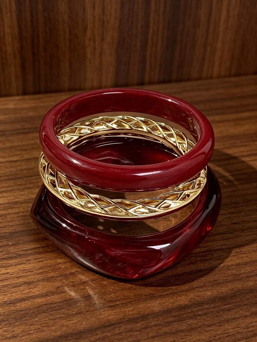 3pcs Set Fashion Vintage Bohemian, Asymmetrical Thick Burgundy Acrylic Bracelet Set Paired With Gold Alloy Hollow Open Cuff Bracelet, Women, Couples, Party, Daily Wear, Luxury High-End