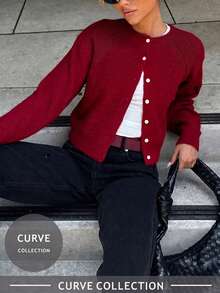 Plus Size Women's New Autumn Elegant Casual Thin Knit Cardigan, Solid Color Round Neck Long Sleeve Single Button, Minimalist Commute Knit Cardiga - Red - View 4