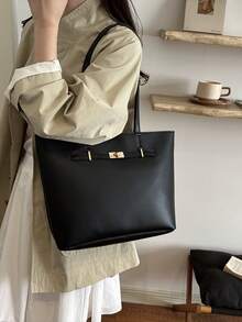休閒手提腋下托特包 素色 2026跨境貿易 大容量PU女款時尚極簡單肩包 - 黑色 - 查看 6