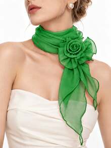 Women's Lightweight Sheer Chiffon Scarf With Detachable 3D Rose Decor, Wavy Ruffle Edge Long Neck Scarf, Suitable For Wedding, Party And Daily Wear - Multicolor - View 2