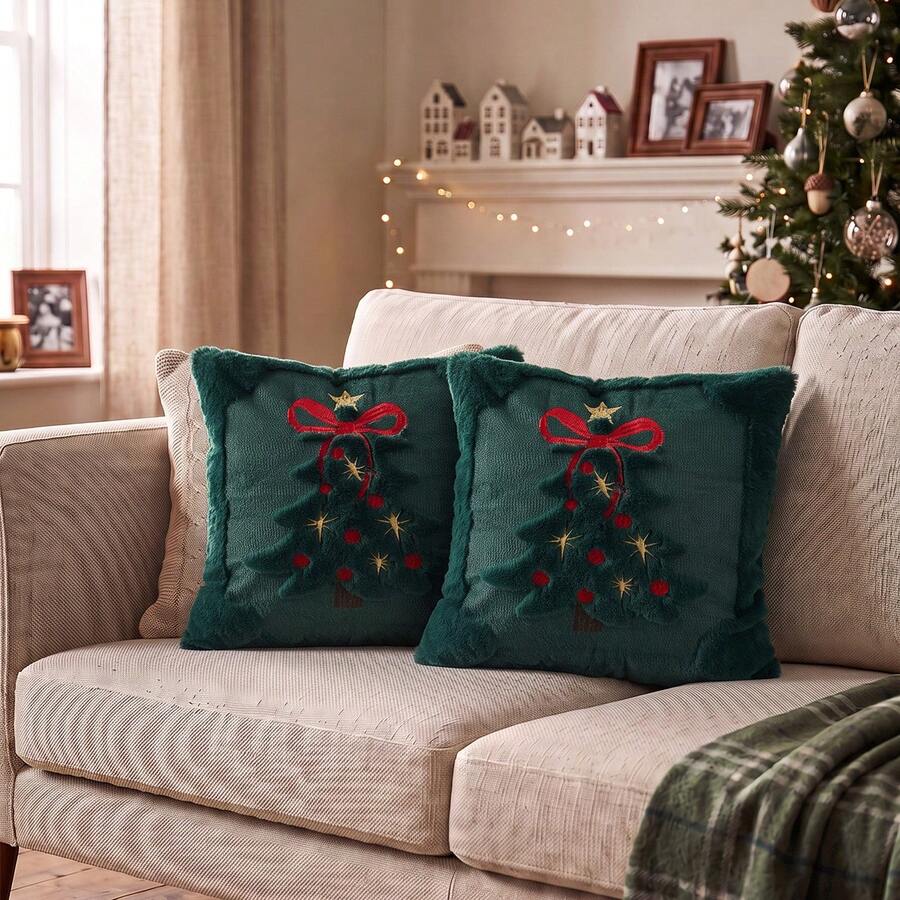 1 New Christmas Tree Star Embroidery Pillow Case, Computer Embroidered Holiday Party Pillow Cover (Pillow Insert Not Included) - Multicolor - View 1