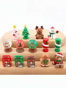 Mini Christmas Snow Globe & Gift Box Ornament Set, Cute Resin Santa Claus & Reindeer Decor, Miniature Christmas Landscape Decoration, Suitable For Dollhouse DIY Handmade Holiday Desktop Party Decor - A - View 1