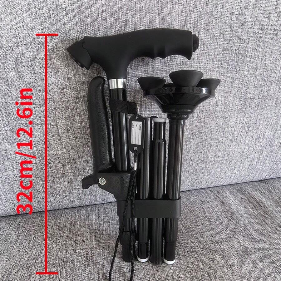 Foldable Hiking Pole, Anti-Slip, Lightweight, Multi-Functional Aluminum Alloy Walking Stick, Adjustable Height, Portable Cane, Suitable For Hiking And Mountaineering, Unisex - Black - View 1