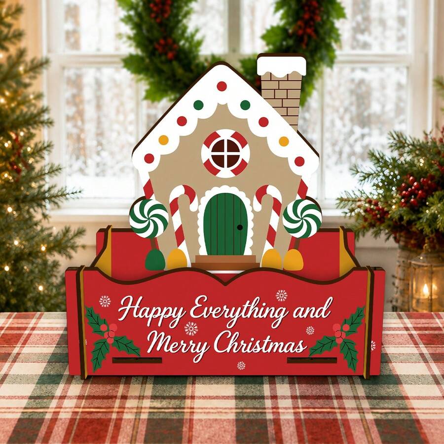 Gingerbread House Pattern Wooden Storage Box, Christmas Decoration Wooden Box Organizer, Open Decorative Storage Container, Desktop Farmhouse Home Decor, Christmas Gift For Family And Friends - Multicolor - View 1