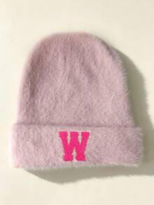 1pc Pink Floral Letter Print Beanie, Ribbed Knit Winter Hat,Cold Weather Headwear, Y2K Cute Warm Skull Cap For Women - Pink - View 35