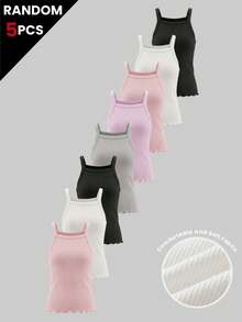 5pcs Girls Random Color Ribbed Cami Tops Scalloped Hem Slim Fit Camisole Soft Tank Tops For Back To School - Multicolor - View 1