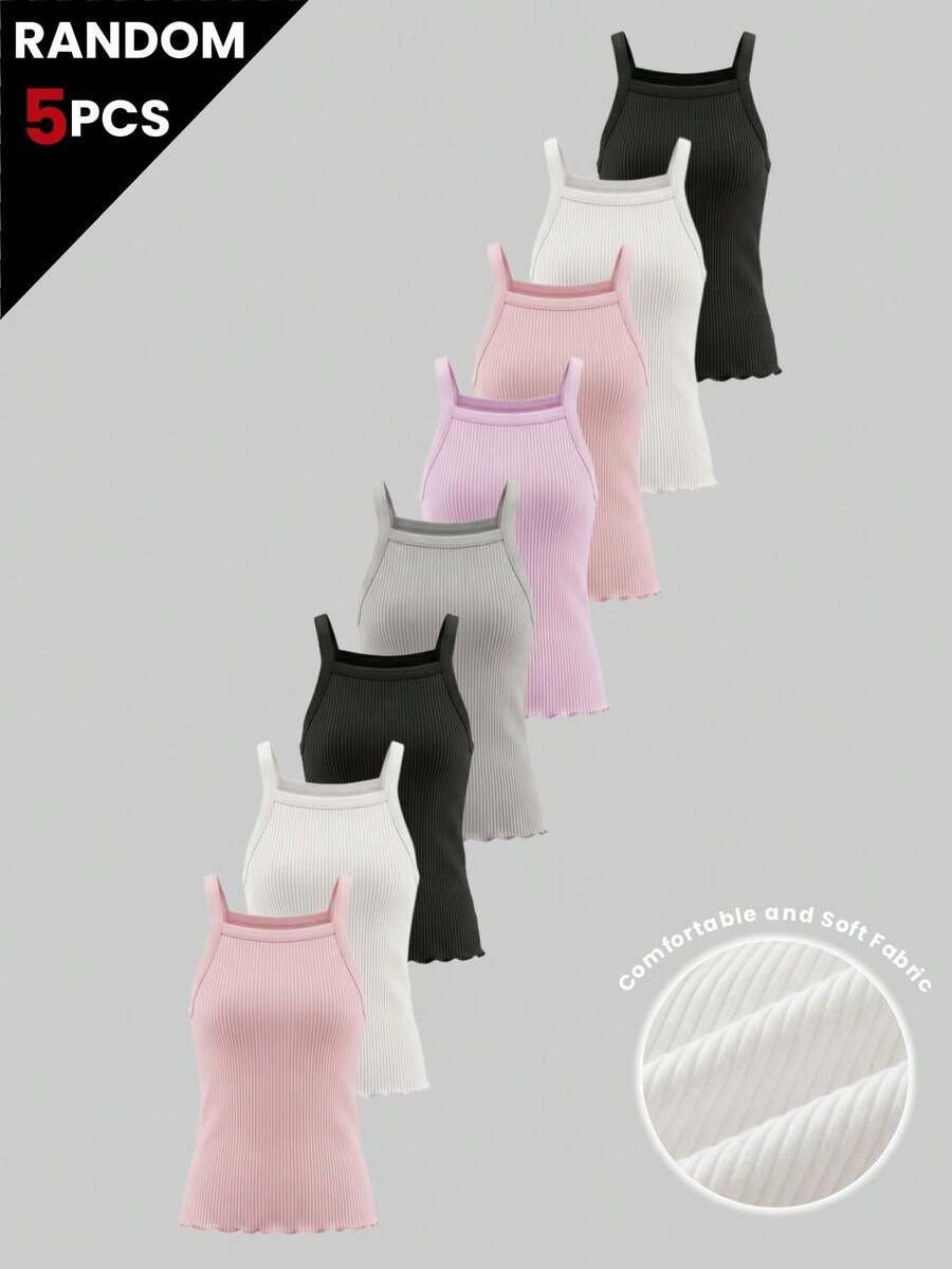 5pcs Girls Random Color Ribbed Cami Tops Scalloped Hem Slim Fit Camisole Soft Tank Tops For Back To School - Multicolor - View 1