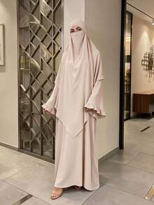 1 set Abaya Muslimah Sederhana, Gaun Maxi Lengan Mengembang Berkerut dengan Khimar Niqab yang Serasi, Pakaian Sholat Islami Longgar Bertekstur Kerut untuk Wanita - MultiWarna - View 27
