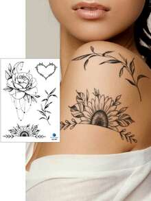 8PCS Dark Style Rose Snake Butterfly Heart Pattern Party Gift Holiday Gift DIY Music Festival Temporary Waterproof Tattoo Stickers For Arm Shoulder Neck Collarbone Back - Black - View 5