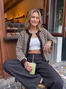 Cardigan Rajut Bergaris Warna Kopi Muda untuk Wanita, Sweater Kancing Leher Bulat Lengan Panjang Musim Gugur, Jaket Bertekstur Semi-Transparan Panjang Reguler - MultiWarna - View 7