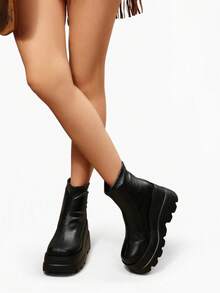 DareSee Women's Chunky Platform Suede Boots, Wedge Heel Ankle Boots, Fashion British Style Ankle Boots For Spring & Autumn - Black Leather (back Zipper) - View 1