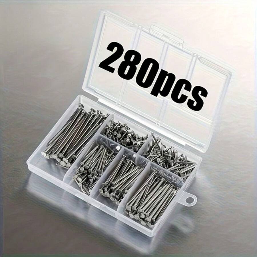 280pcs Multi-Function Hardware Nail Set, Steel Picture Hanging Nails & Wood Nails, With Storage Box, 6 Sizes, Smooth Surface, Metal & Plastic Material, Home Renovation - 280pcs - View 1