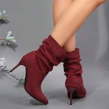 Sexy Pointed Toe Stiletto High Heel Ankle Boots For Women, Ruched Shaft, Suede Texture, Commute, Date, Fashion Ankle Boots - Red - View 7