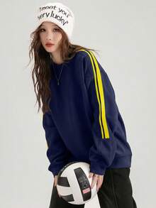 JUTU Autumn/Winter Women's Loose Crew Neck Long Sleeve Knit Sweatshirt With Side Stripes And Color Block, Sporty Casual Style For Campus, Daily Wear, Commuting And Travel - Royal Blue and Yellow - View 3