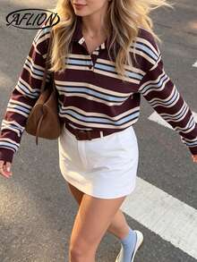 Aflion Pakaian Musim Gugur Wanita: Atasan Polo Lengan Panjang Bergaris Cokelat, Sweatshirt Pullover Retro Bergaris Blok Warna untuk Pakaian Sehari-hari di Kampus - MultiWarna - View 7
