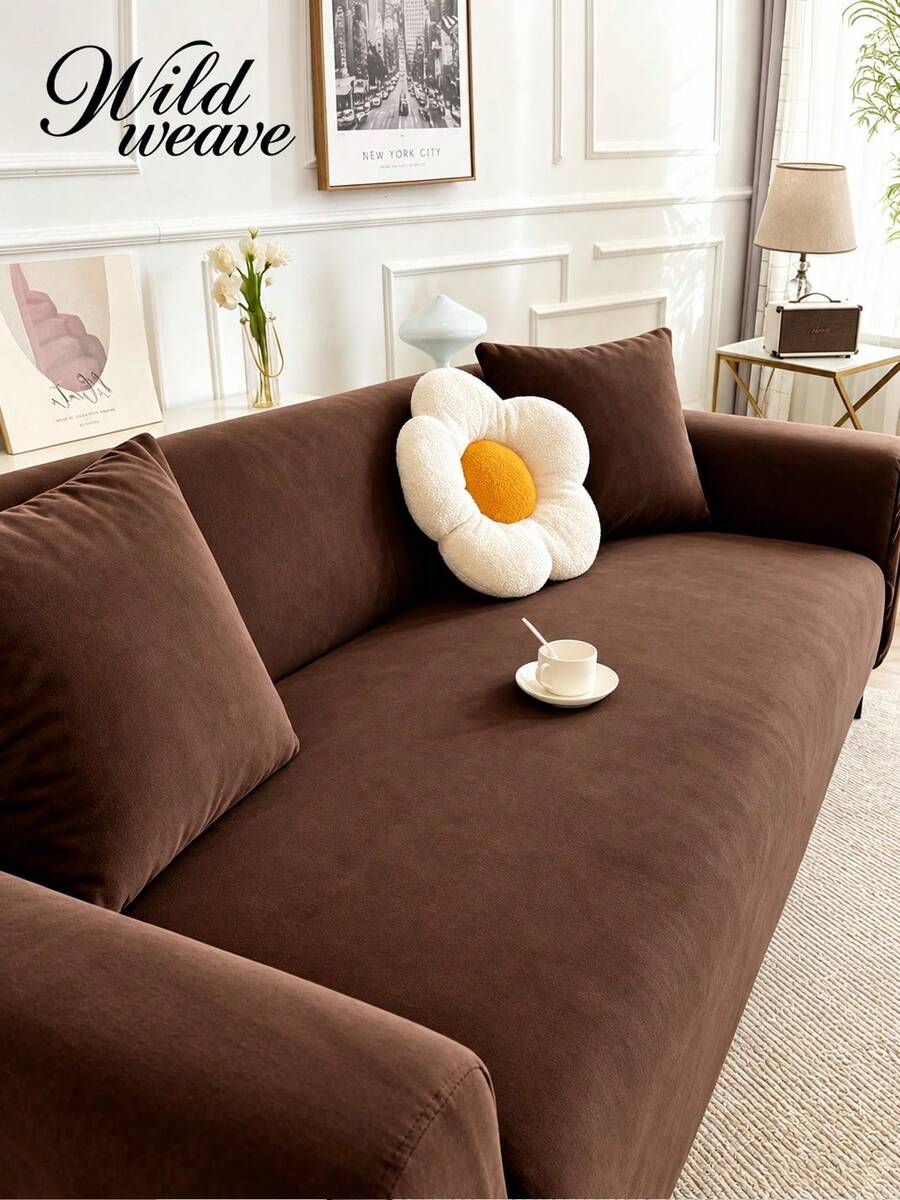 1pc Solid Color Milk Silk Stretch Full Cover Sofa Slipcover + 1pc Matching Pillow Sham Cover Without Filling
