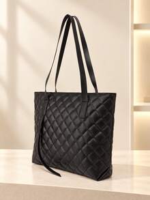 1pc Women's Quilted Diamond Tote Bag, Large Capacity Commuter Shoulder Bag, Minimalist Elegant Black Daily Handbag - M591 - View 5