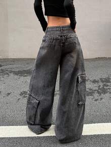 1pc American Street Retro Women's Patchwork Multi-Pocket Double-Waist Cargo Loose Jeans Fashion Wide-Leg Denim Pants All-Season Versatile Long Pants (Belt/Accessories Not Included) - Black - View 2