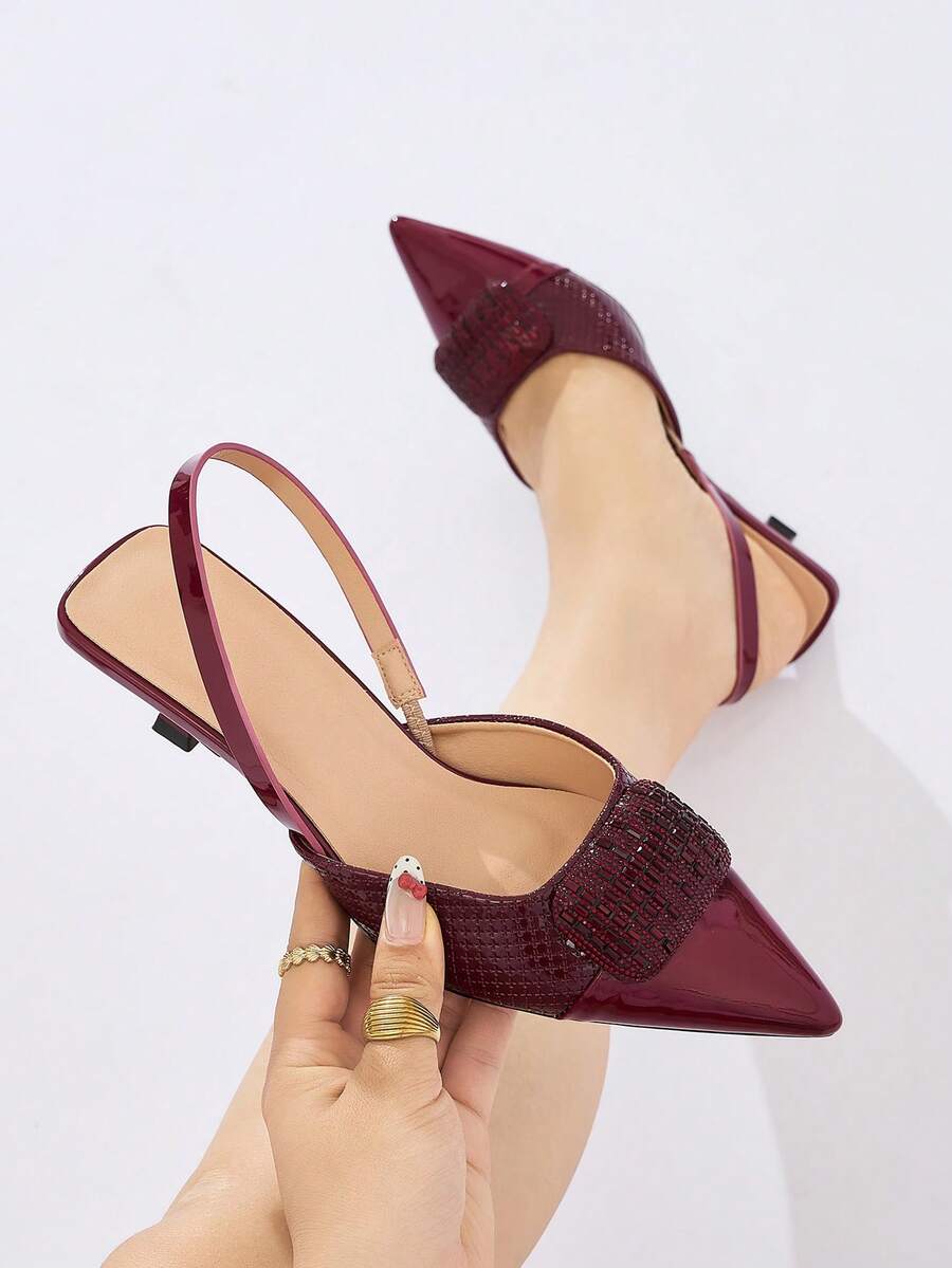 Women's Rhinestone Square Buckle Back Strap Pointed Toe Kitten Heel Low Heel Glamorous Style Burgundy Mirror Patchwork Low Vamp Pumps Suitable For Party Date Daily Wear Spring Summer Autumn Winter High Heel Shoes - Burgundy - View 1